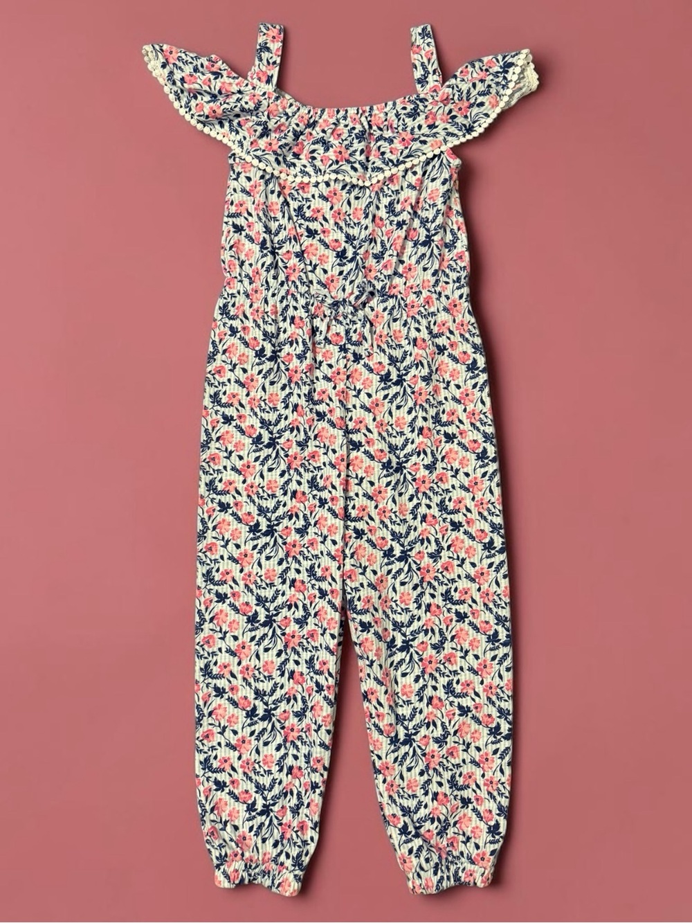 btween Pink and Navy Floral Off-Shoulder Girls Jumpsuit